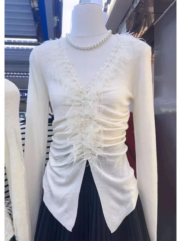 

Feather Embellied Knitted Sweater Women's Faion Slim Fit Base irt Korean Sle Commute Warmth V-Ne Long Sve Top