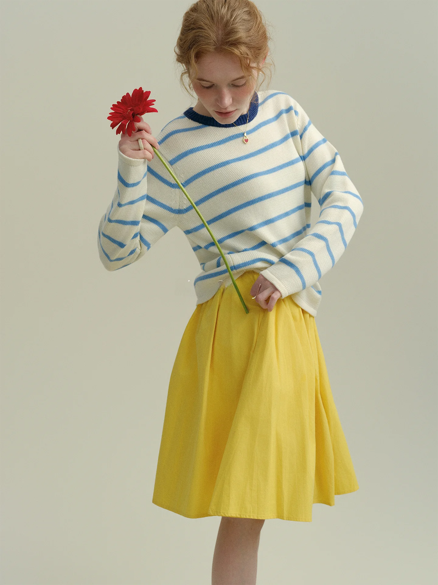 

Rina Berry Spring Umbrella Skirt Midi A-Line Gored Yellow Versatile Slimming High-Rise Women's Casual Cotton Midi Skirt