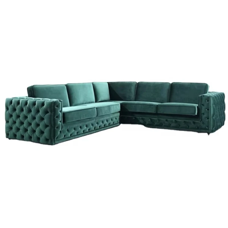 Living room furniture green velvet L-shaped modular sofa