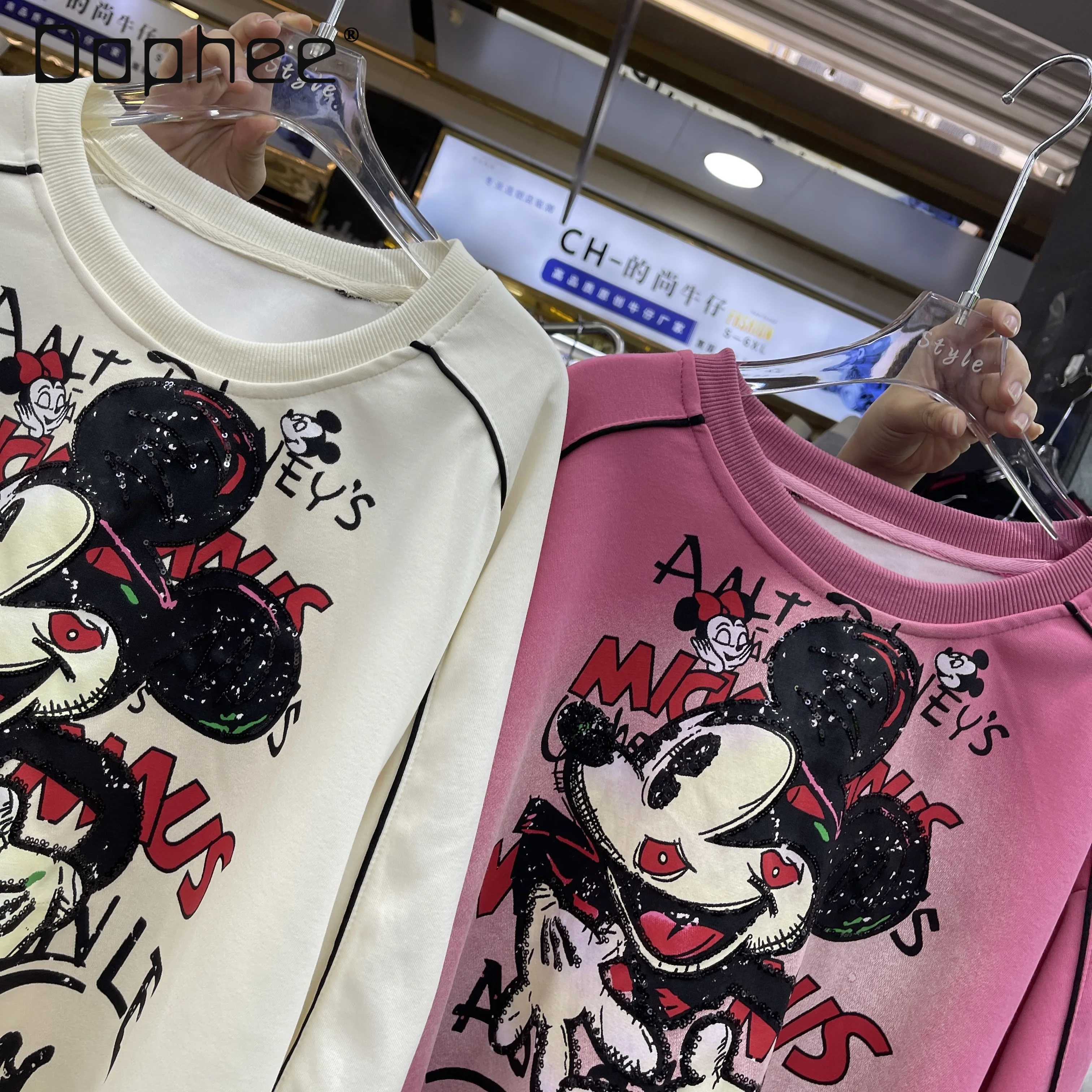 

Pullover Sweatshirt for Women 2025 Autumn New Heavy Cartoon Print Sequin Crew Neck Loose Casual Top Kawaii Aesthetic Sweatshirts