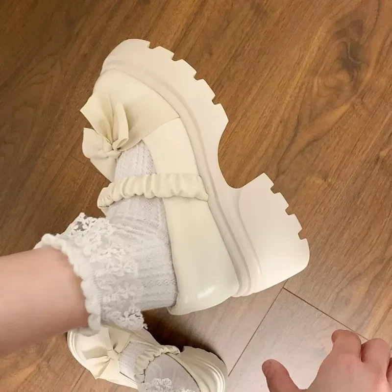 Chunky Platform High Heels Pumps Women Summer 2024 Leather Bow Mary Jane Shoes Woman Thick Heeled Off White Black Lolita Shoes