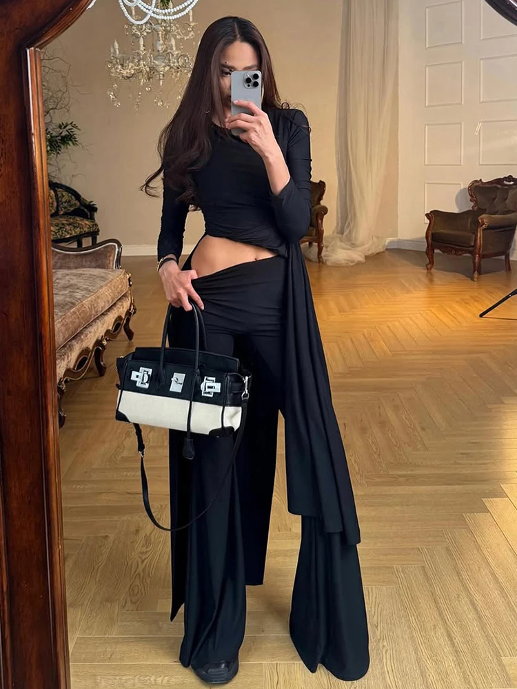 

Cutenew Classic Street Women 2 Piece Set Trend Solid Simple Split Full Sleeve O-neck Lengthen Tops+High Waist Pants Mujer Suits