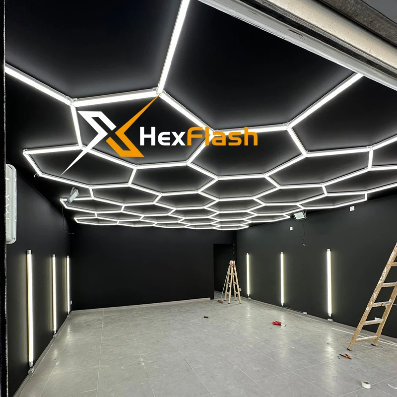 Customized Hexagon Car Garage Light with Border 6500k Ceiling Light Shop Light for Car Detailing Garage Workshop Gym Supermarket