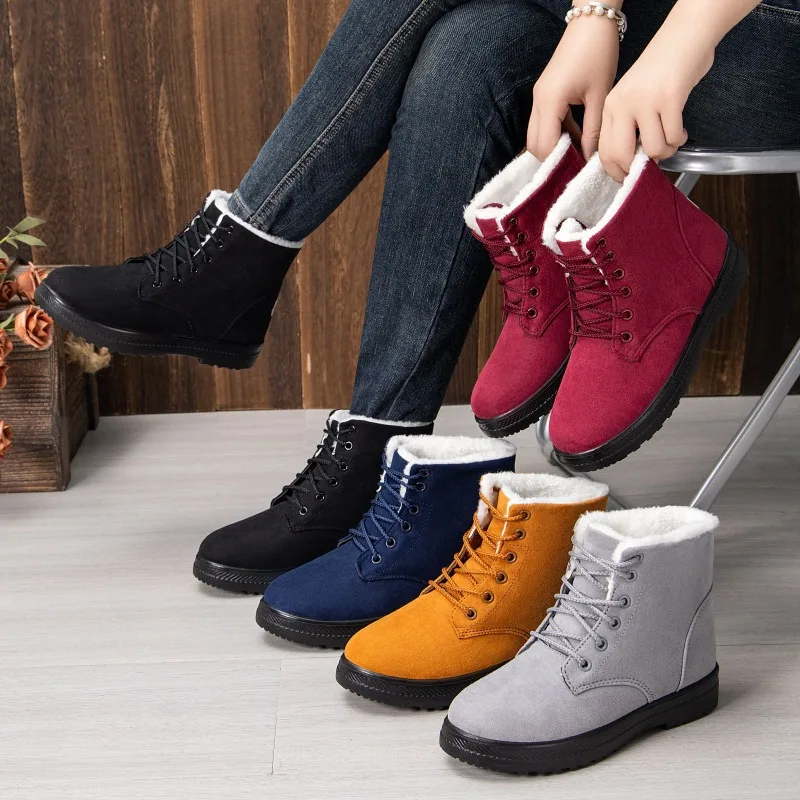 

Winter Women's Boots Warm Snow Boots Platform Non-slip Women Cotton Shoes Plush Lace Up Ankle Boots Suede Plus Size Women Shoes