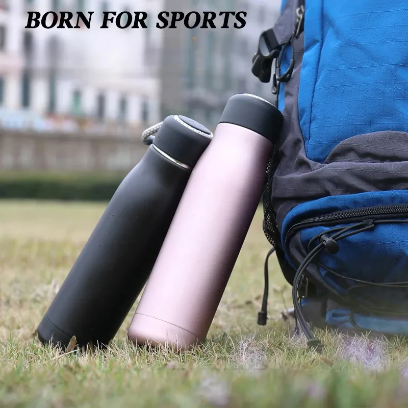 304 الفولاذ المقاوم للصدأ معزول كوب قارورة عازلة سعة كبيرة كوب مفرغ مع مقبض حبل أجهزة لياقة خارجية ركوب الدراجات زجاجة ماء رياضية #4