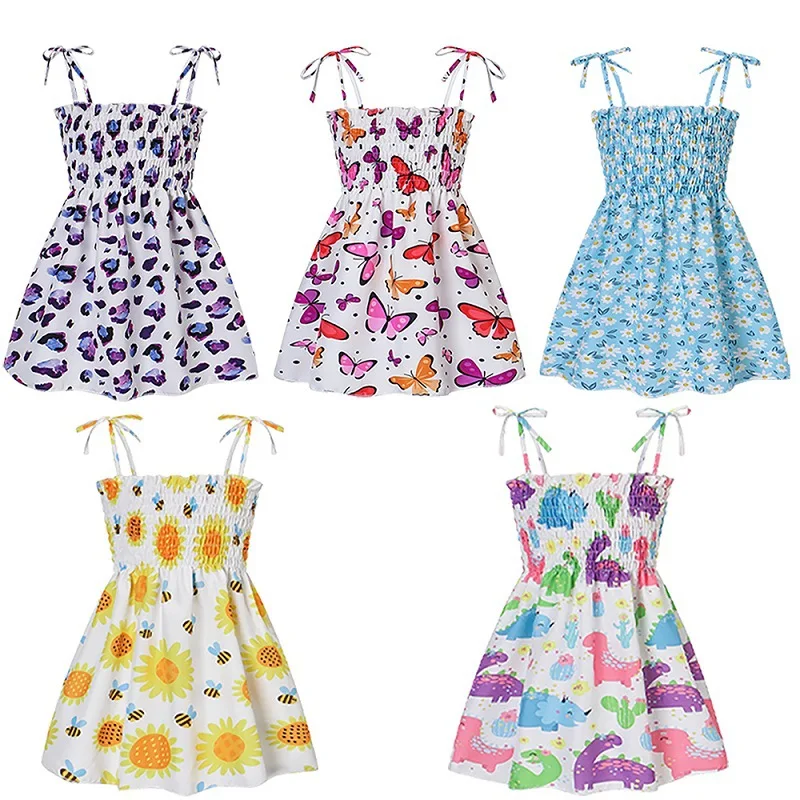 

2024 Summer Baby Girls Sleeveless Dresses For 1-7Years Kids Beach Broken Flowers Suspenders Skirt Children Print Dress