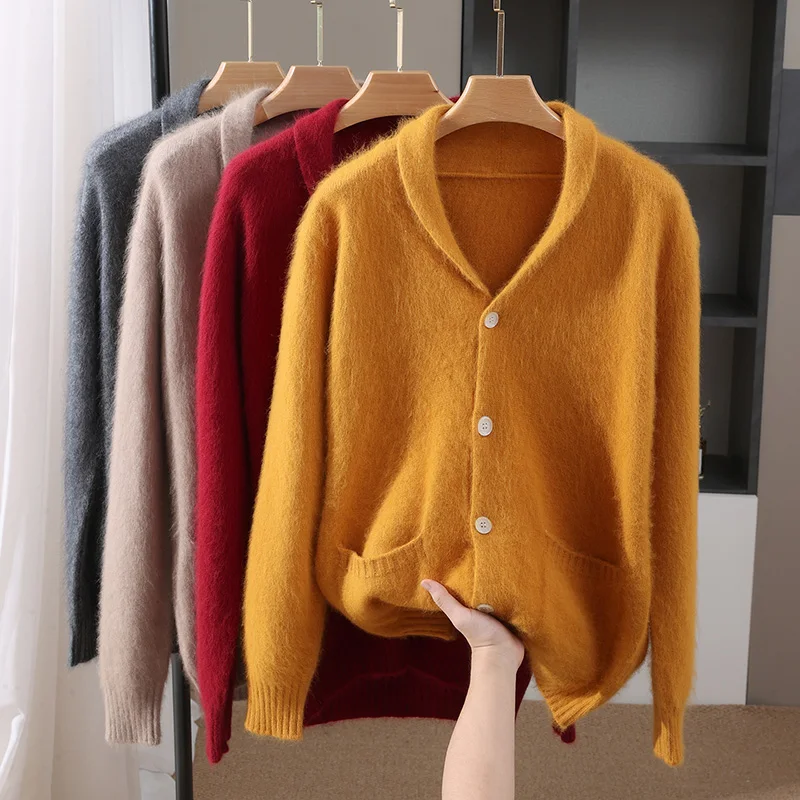 Fall/Winter 2025 V-neck 100% Mink Wool Sweater Men's Loose Temperament Sweater Cardigan Coat Jacket