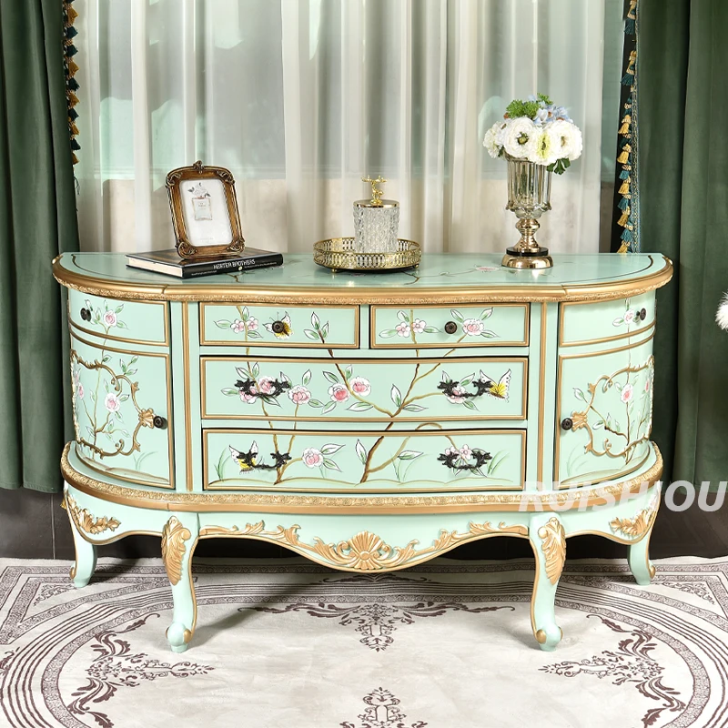 Solid French Handcrafted Antique Cupboard With Four Drawers Wood Deco Inspired Nature Hand Painted Art Living Room Dining Area