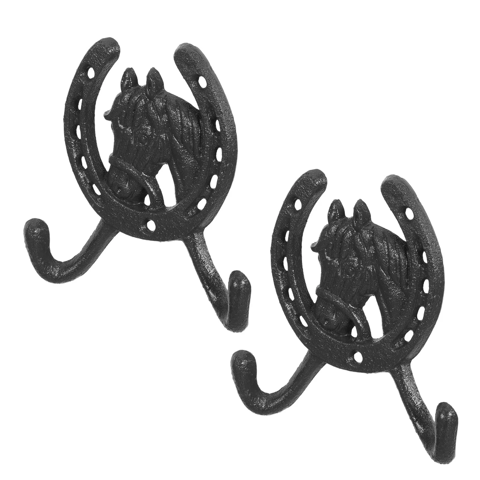 2Pcs Cast Iron Horseshoe Wall Hooks Vintage Horse Head Coat Bag Key Holder Rustic Farmhouse Decorative Mount Hanger Black