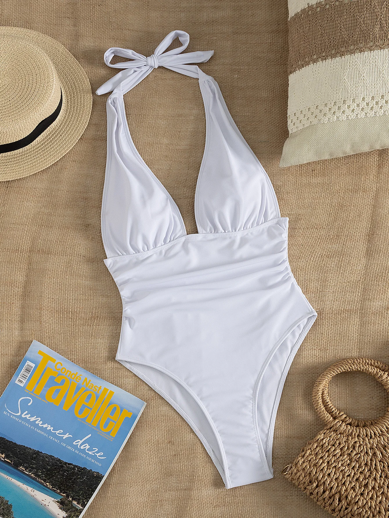 Women's White Halter One-Piece Swimsuit Deep V Neck Ruched Waist High Cut Bathing Suit for Beach Vacation Swimwear