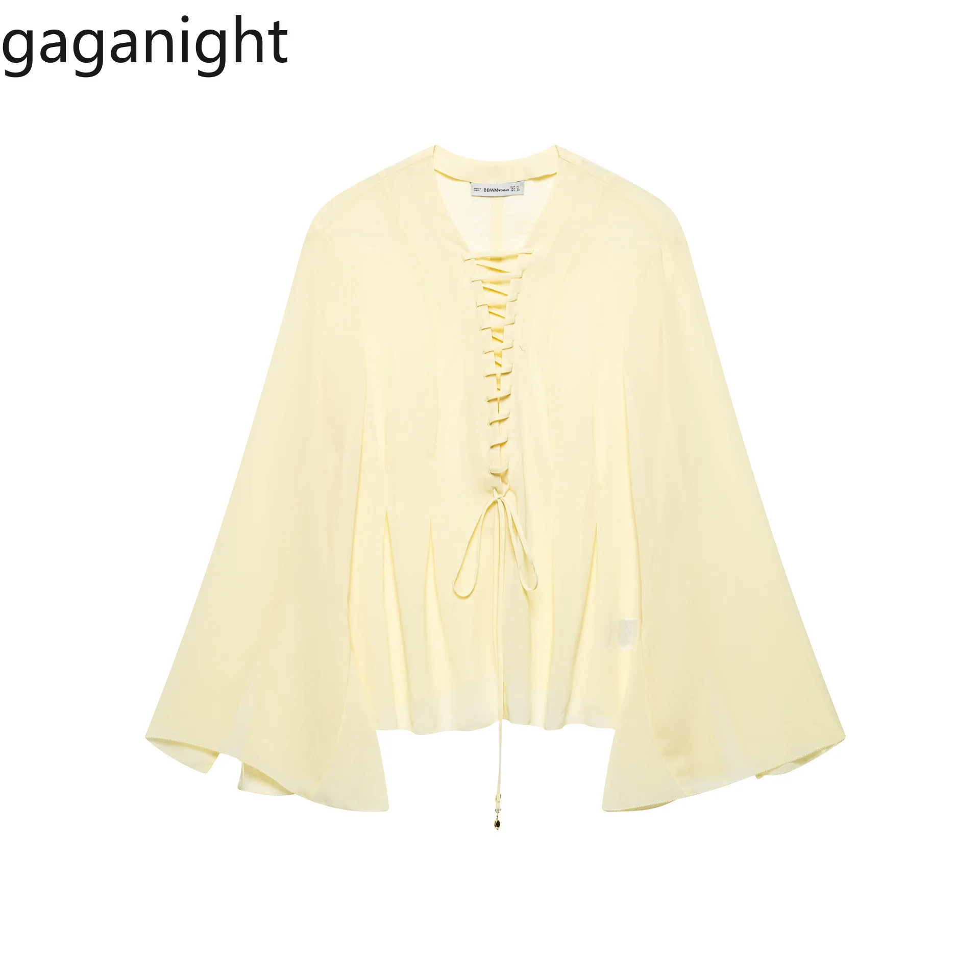 

Gaganight 2025 Women Summer New Style European American Fashion Lace Decoration Solid Color Loose Chiffon Long Sleeve Top