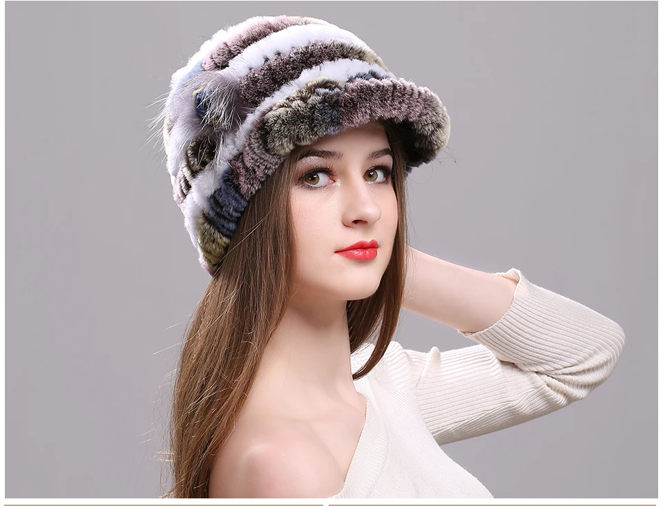 Winter Pelz Hüte für Frauen Rex Kaninchen Fell Elastische Gestrickte Hut mit Blume Pelz Hut Großhandel Baseball Kappe Weibliche Echtpelz Bonnets – Detail 10