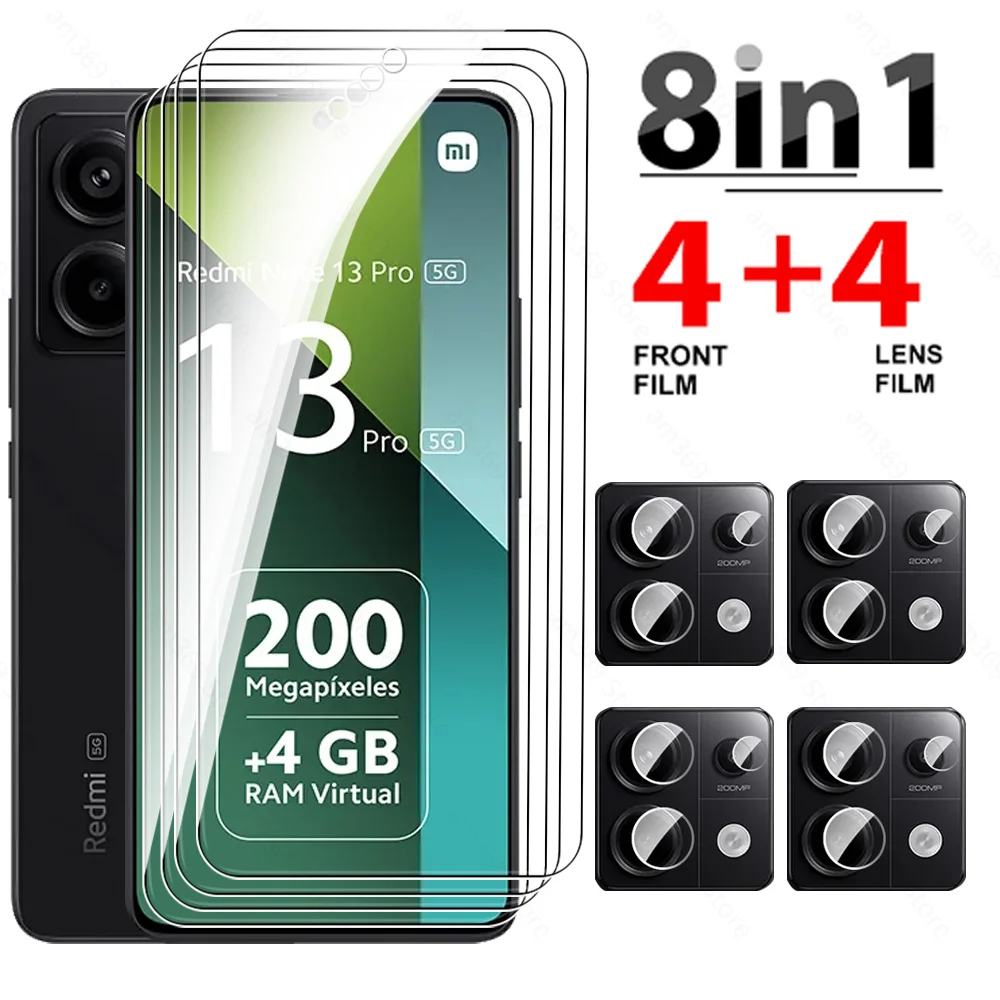 Protetor de tela de vidro temperado para Xiaomi, lente da câmera, Redmi Note 13 Pro, 4G, 5G, 8in 1, 2024