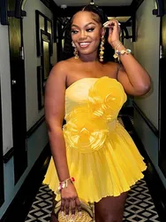 Sexy Women's Fancy Dress Strapless Beautiful Short Yellow Dress with Flower Appliques Evening High Waist Neploe Romantic Dress