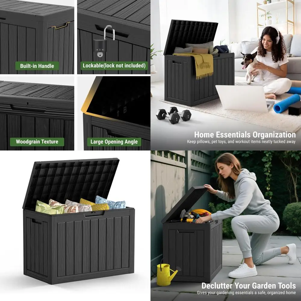 

Resin Outdoor Storage Box, 45 Gallon Waterproof Deck Box for Patio, Pool, Garden Supplies, UV-Resistant, Weatherproof, Black