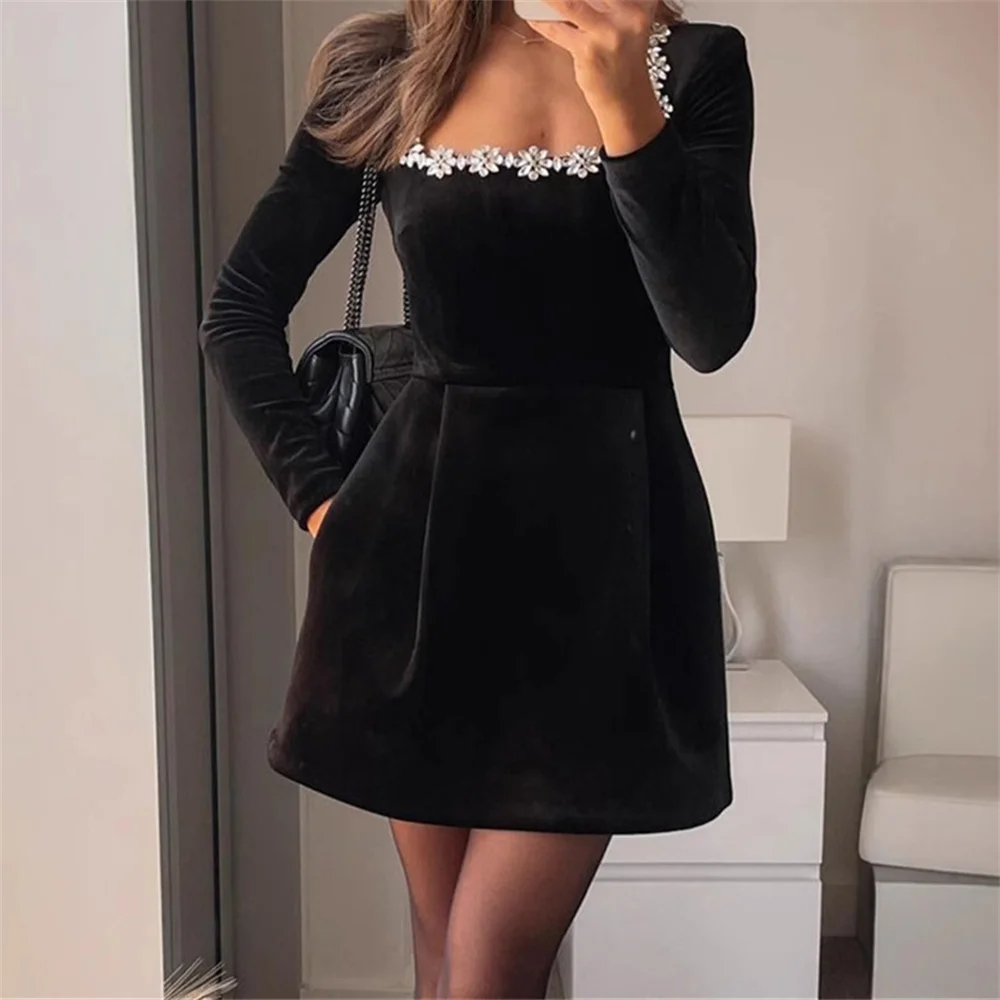 Fashion Rhinestone Velvet Mini Dress for Women Square Neck Long Sleeve High Waist Short Gowns Lady Evening Party Dresses