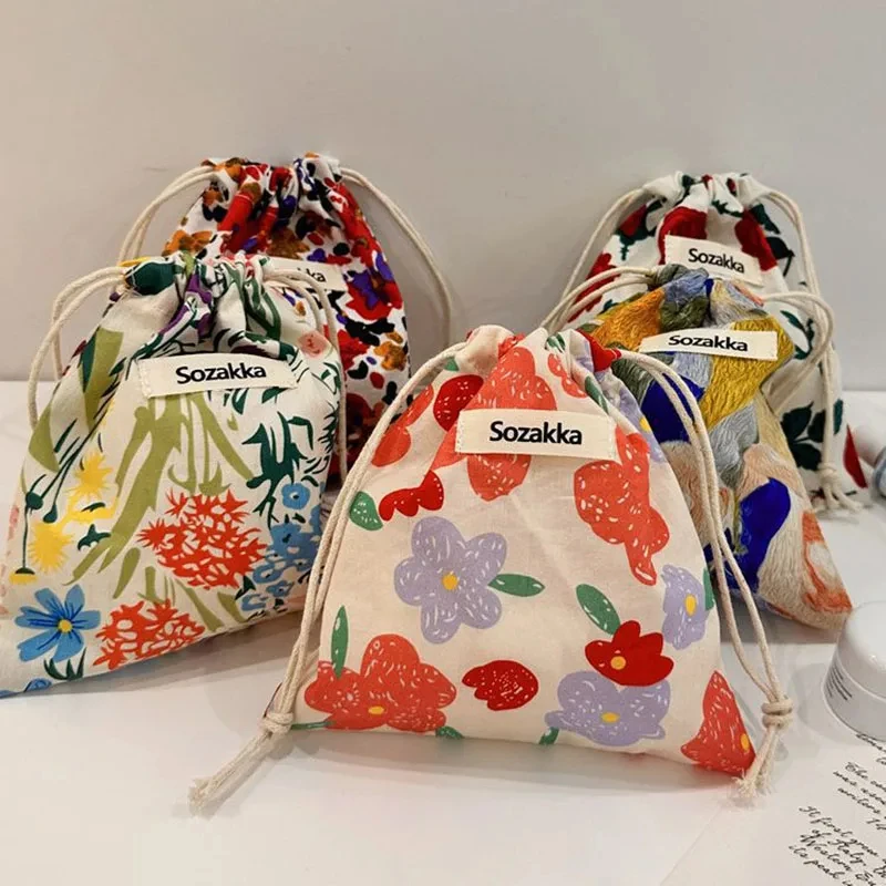 Vintage Drawstrings Coin Bags Purse Money Keys Earphones Cotton Fabric Organizers Pocket Lipstick Toiletry Makeup Storage Bags