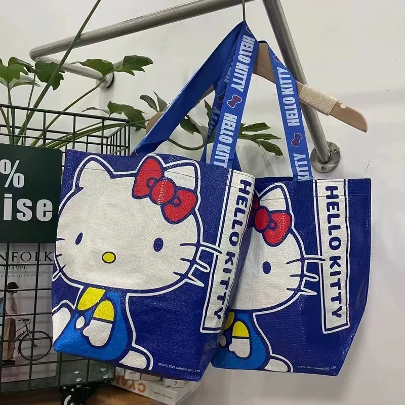 Kawaii Hello Kitty Klein Blue Kitten Carry Shopping Bag Anime Sanrio Girl's Heart Cute Large Capacity Woven Bag Shoulder Bag