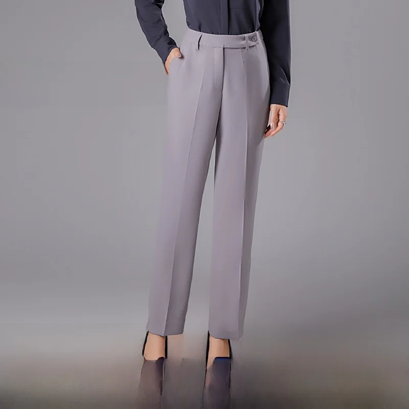 

New 2024 Women's Work Uniform Silver Grey Pants Shirt Vest Workwear High Waist Slim Fit Commute Style Polyester Long Trousers