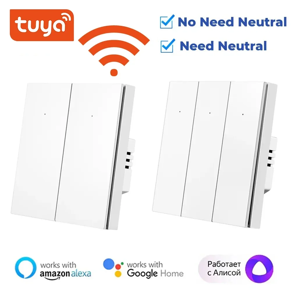 Tuya Smart WiFi Light Switch EU UK Push Button Wall Switch No Neutral Wire Smart Life Control Support Alexa Google Home Alice