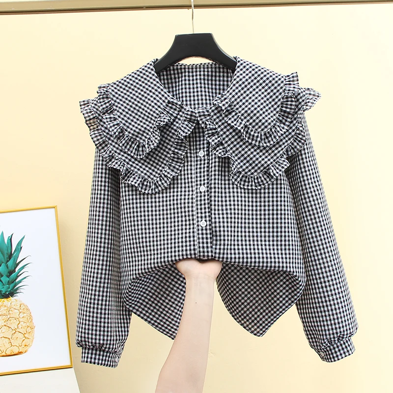 

Клетчатая рубашка с воротником Питера Пэна, женская весенне-осенняя новая свободная французская шикарная однобортная рубашка, элегантная блузка с длинными рукавами