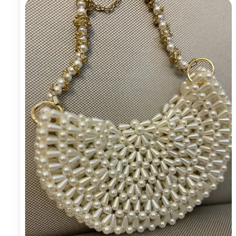 

Ins Design Elegant Hollow Flower Petal Women's Bag Pearl Handmade Woven Semi-circular Ladies Handbag High-end Party Banquet Bags