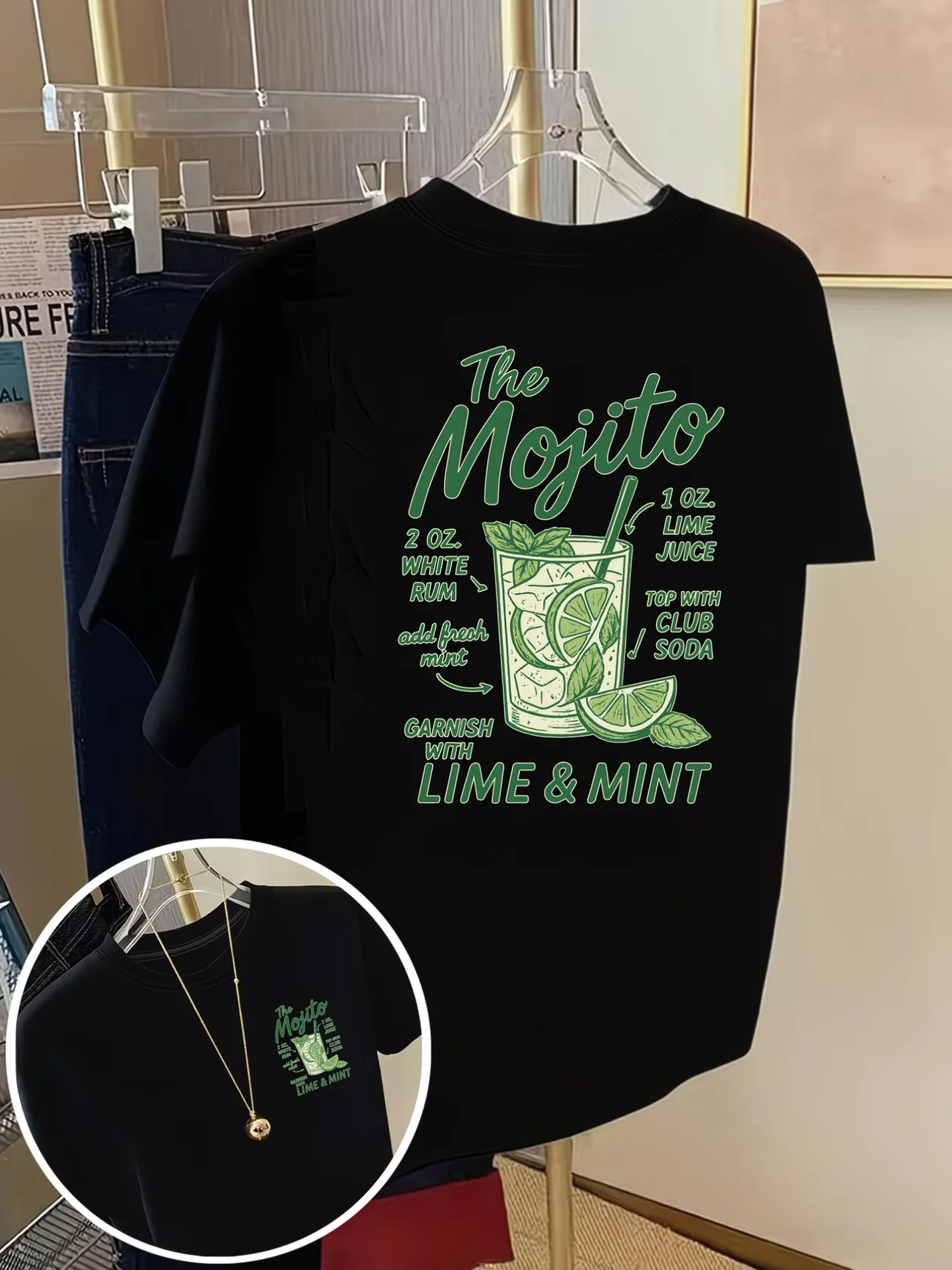 Camiseta con estampado Mojito Cocktail, camiseta informal de manga corta con cuello redondo para verano y primavera, ropa de mujer