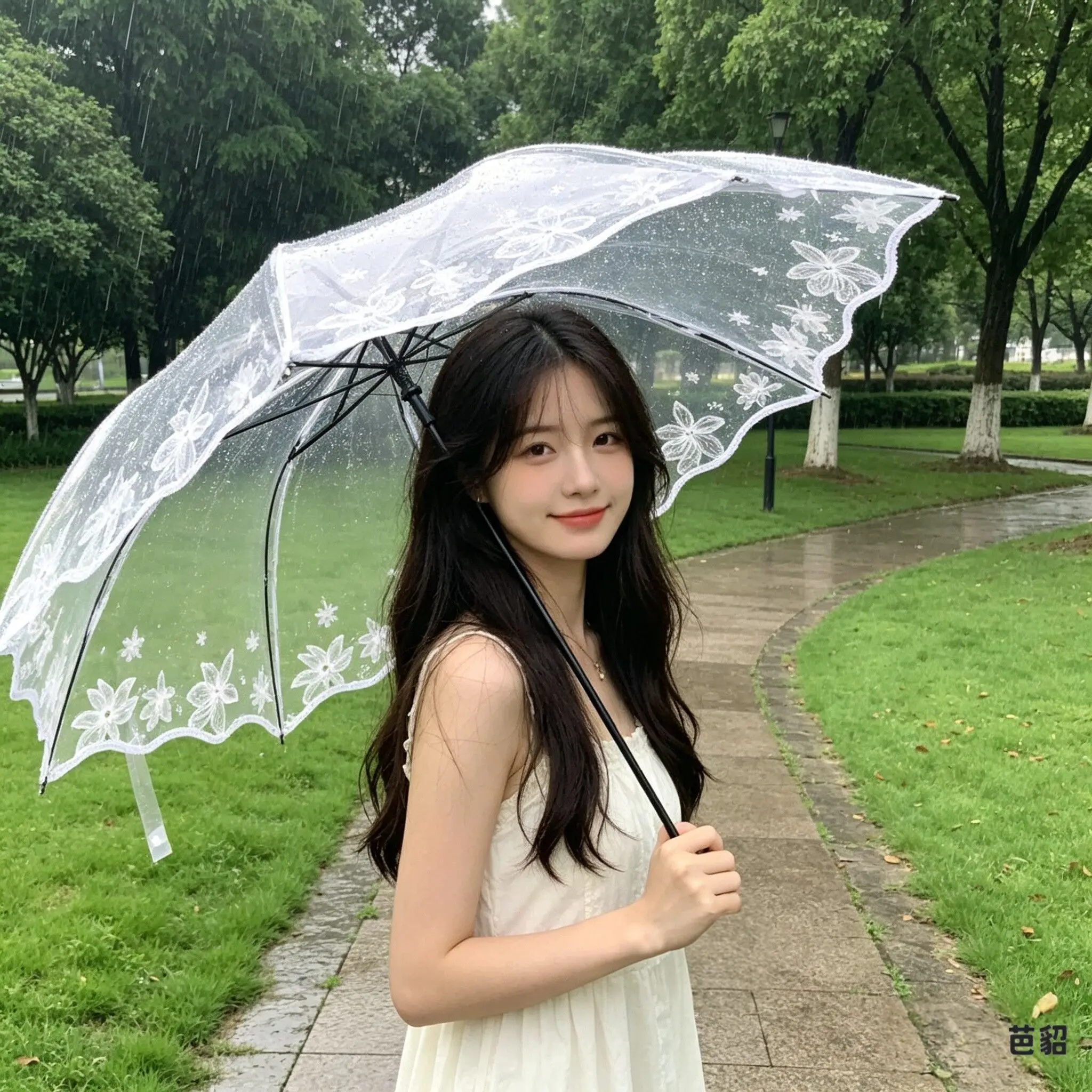 透明自動開閉傘-レディース-折りたたみ式-夏用-花柄-ホワイト-女神風-インターネットで人気の森系-クリエイティブ-学生傘