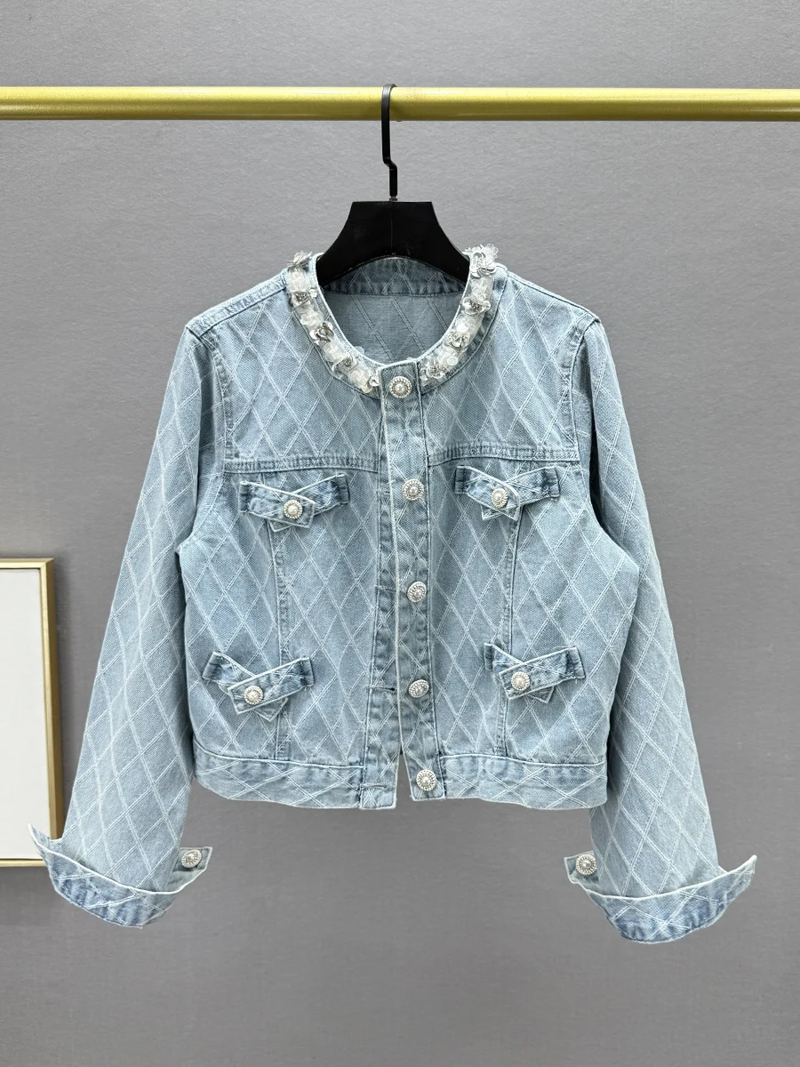 

Женская джинсовая куртка Slim Fit с пайетками, весна 2025, новая модель, с круглым вырезом, длинными рукавами, повседневная модная верхняя одежда