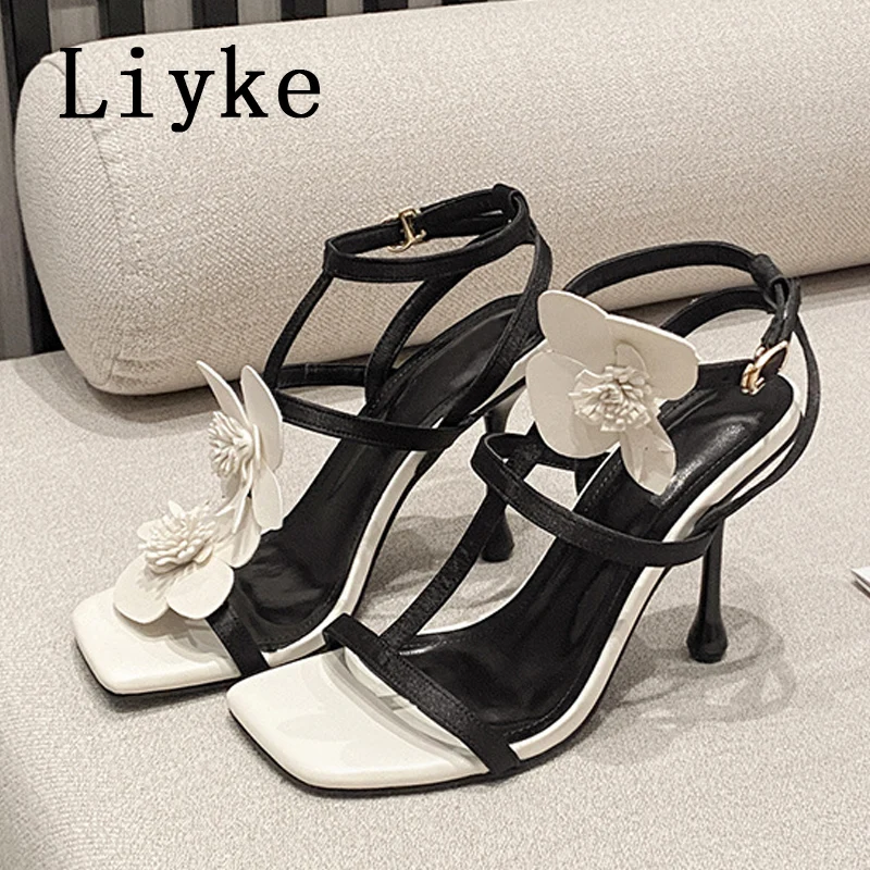 Liyke 2025 New Fashion Flowers Ankle Buckle Strap Sandal Female Sexy Square Toe High Heels Banquet Party Shoes Women Black White