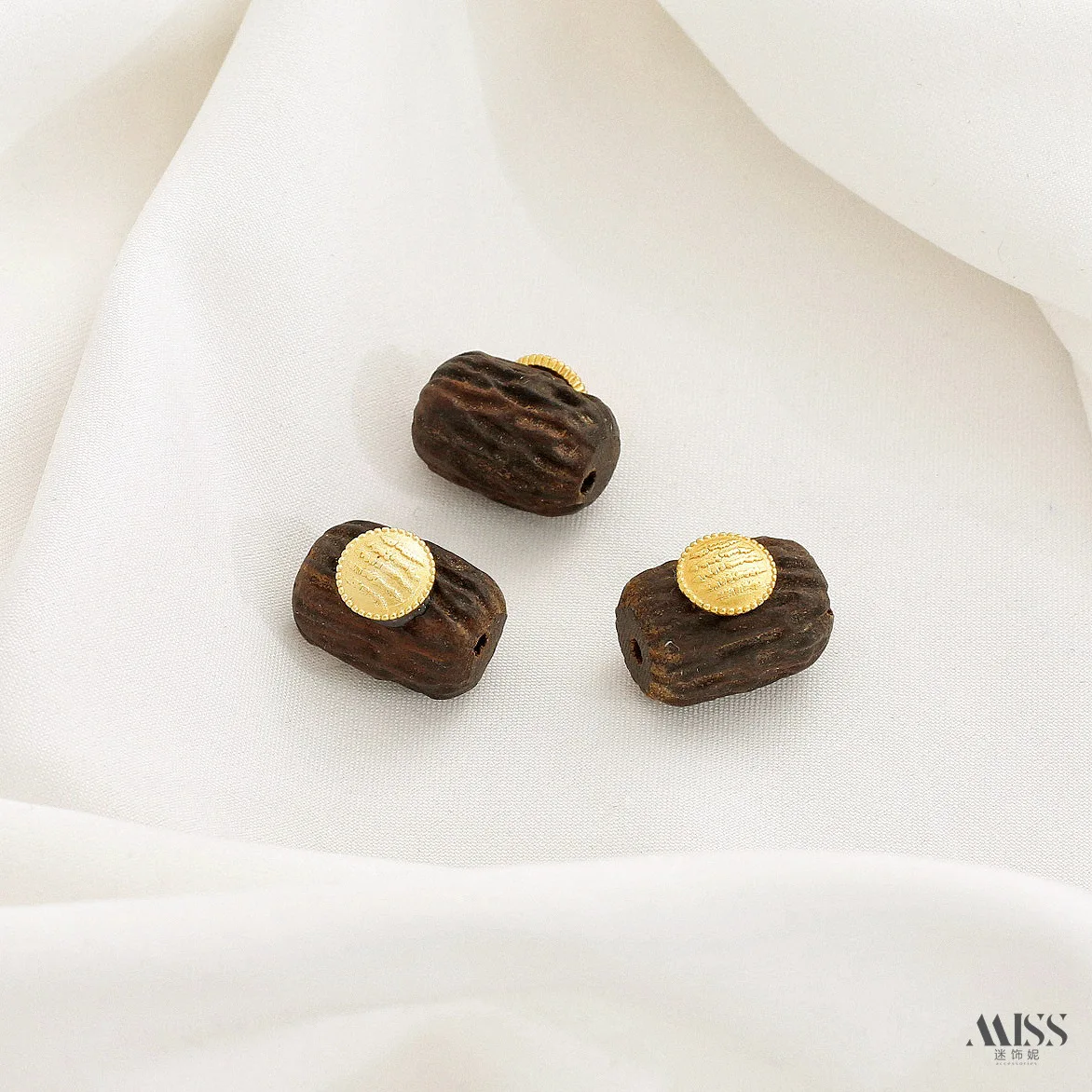 18K Gold Plated Natural Agarwood Slice, Black Sandalwood Gourd, Money Bag, Tassel Spacer Beads DIY Jewelry Accessories - view 3