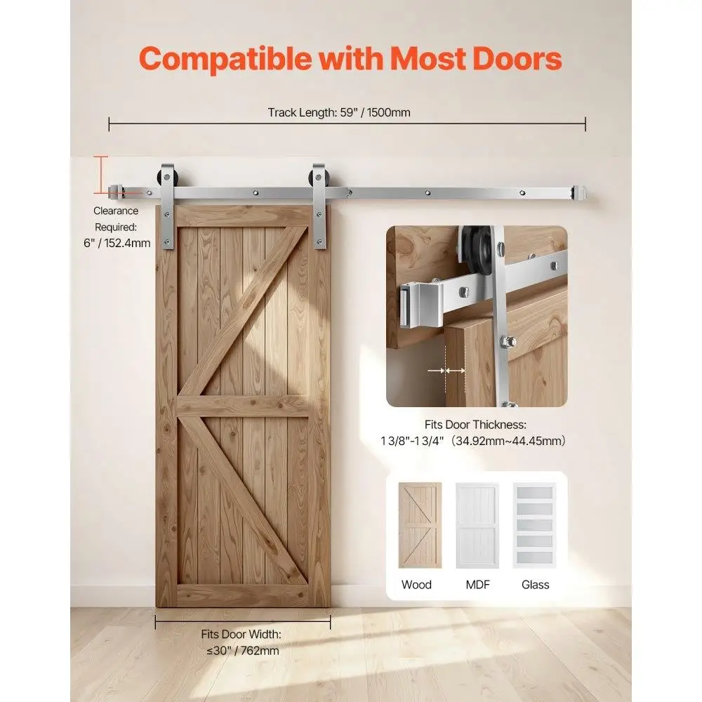 5FT Silberner Hardware-Kit für Scheunentüren für die Inneneinrichtung mit einer Tür