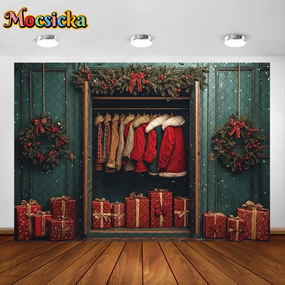 Mocsicka Photography Backdrop Green Wardrobe Christmas Outfits Decoration Kids Xmas Holiday Portrait Background For Photograph