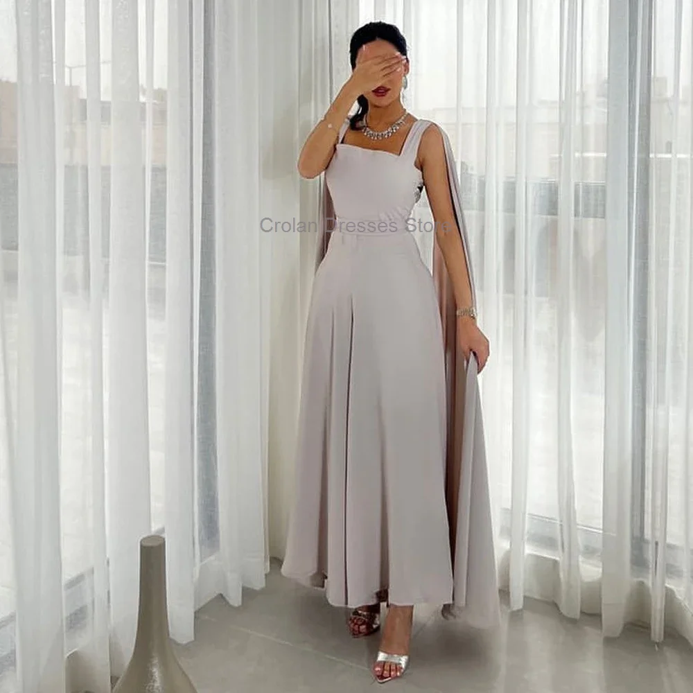 

Minimalist Jersey Ankle Length Evening Dress with Watteau Train Sleeveless Square Collar Formal Party Prom Gowns Robes De Soirée