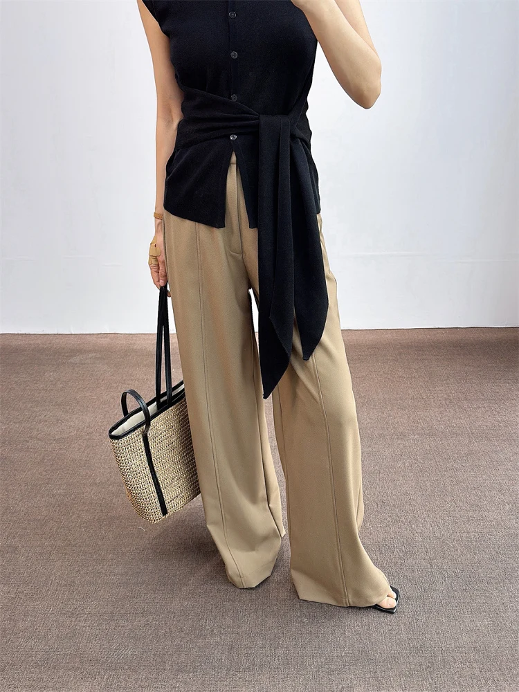 

Khaki Wide Leg Pants High Waist Dra Slimming Suit Pants Casual Floor-Length Women's Trousers Commute Sle Zipper Closure