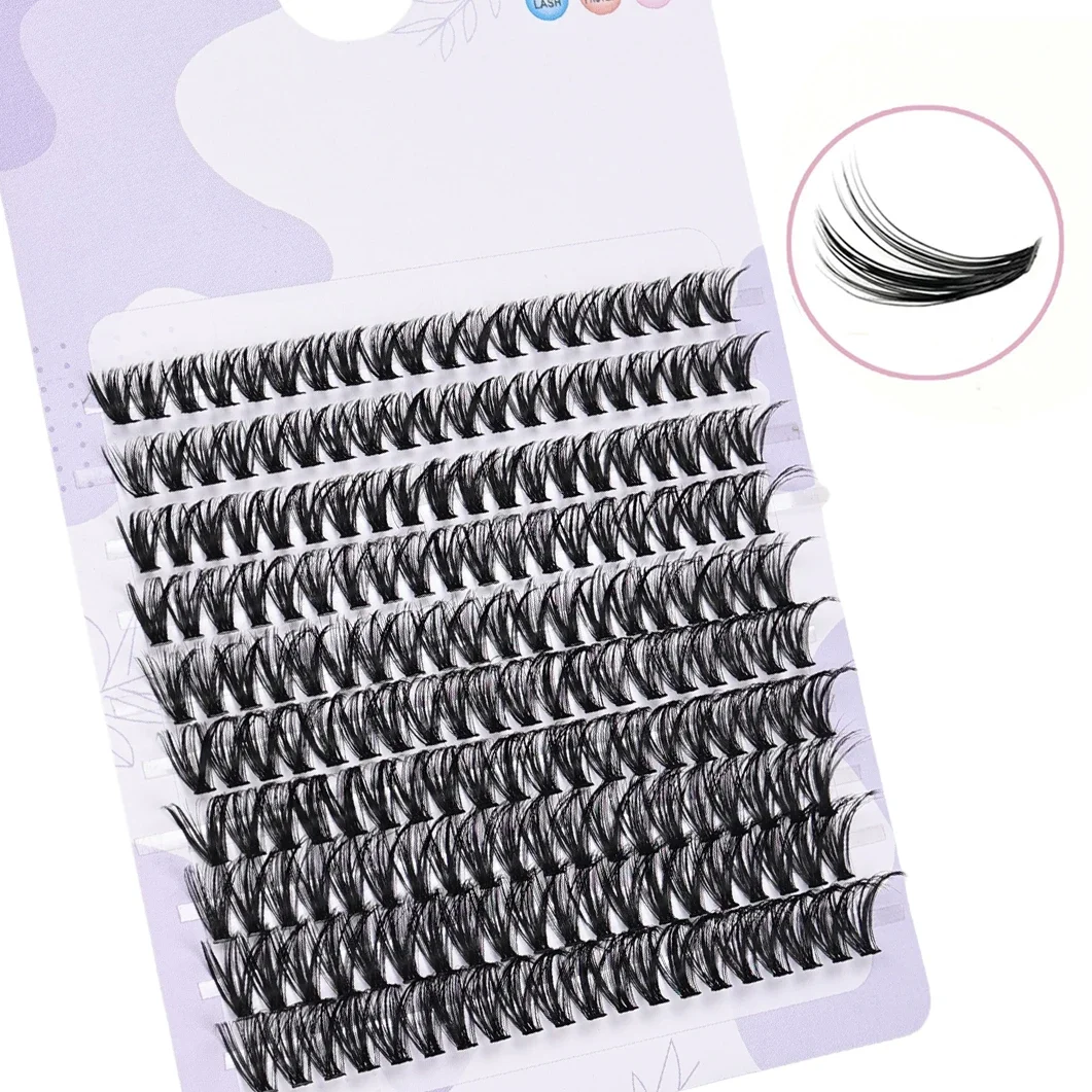 False Eyelash Extension Kit - 200pcs Clusters with Adhesive and Sealant Plus Brushes for DIY Lash Extensions