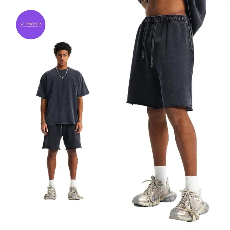 ACOMOSON Summer Top Qualiey EU US Size 420g Batik Vintage Terry Men Shorts Street Style Trendy Retro Unisex Mid-Length Shorts