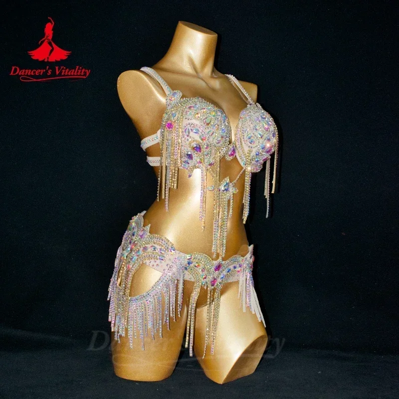 Traje de actuación de danza del vientre para mujer, sujetador y cinturón de piedras AB para adultos y niños, traje de Baile Oriental personalizado,