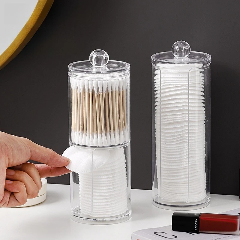 

Plastic Storage Box Bathroom Jar Makeup Organizer Cotton Round Pad Holder Cotton Swab Box Qtip Holder Dispenser with Bamboo Lid