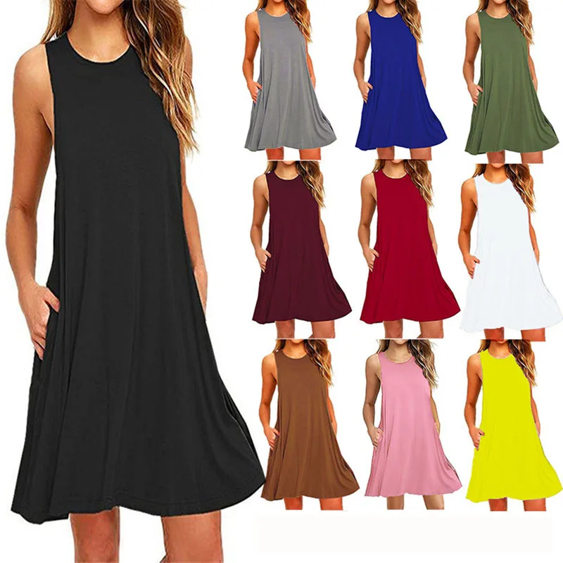 Damen Sommer Casual Tank-Kleid mit Taschen Strand-Überwurfkleid Übergröße Lockeres T-Shirt-Kleid