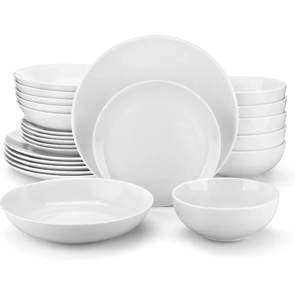 

24-Piece Gourmet Porcelain Dinnerware Sets, White Round Dish Set for 6 - Premium Serving Plates and Bowls Sets for Dessert