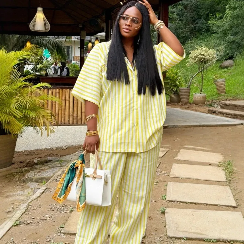 

Новый африканский модный женский комплект из двух предметов, свободная рубашка в желтую полоску с принтом, топ и широкие брюки, комплект одежды