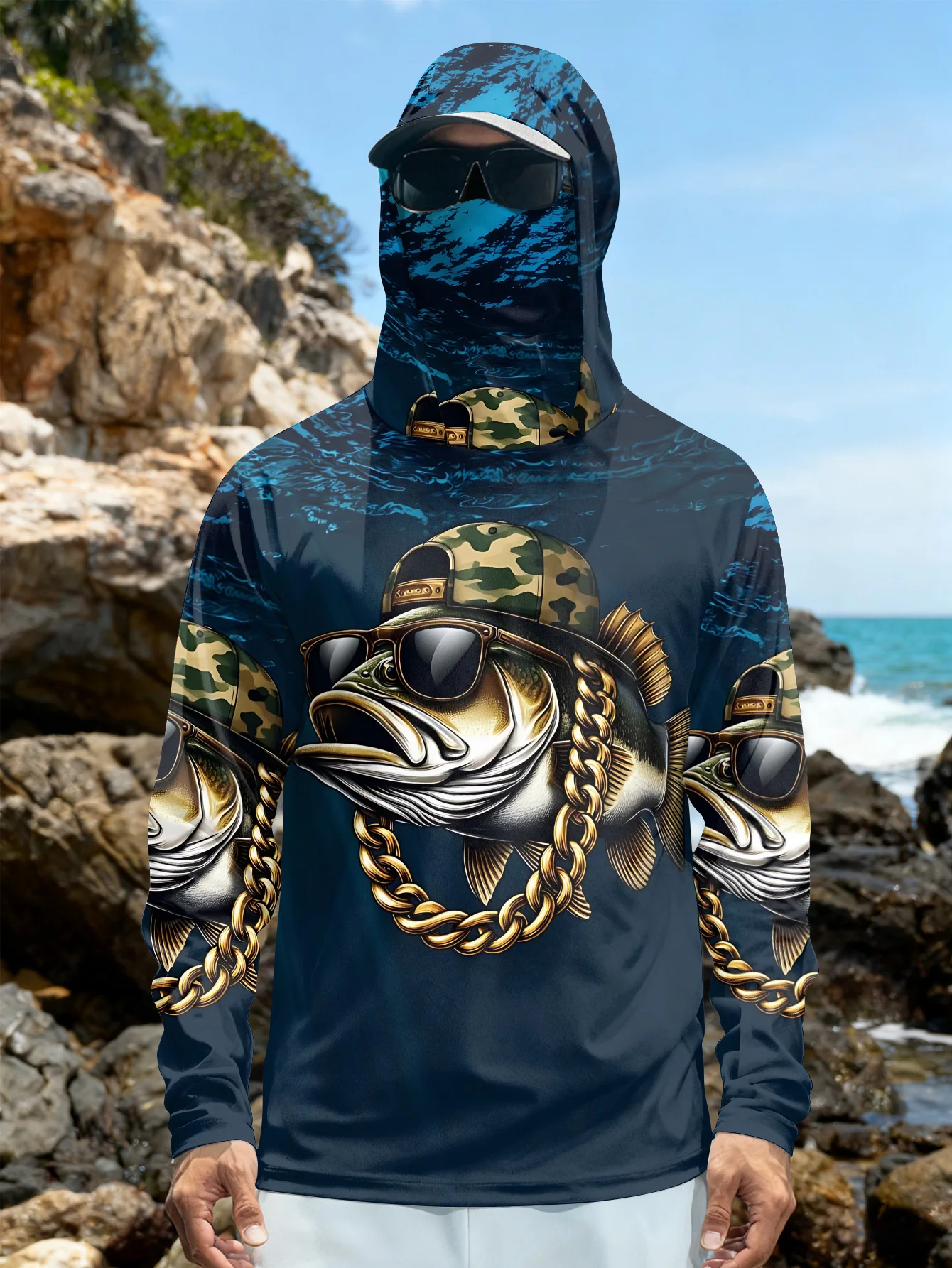 Men's Cool Hip-hop Bass Print Fishing Hoodie Sunscreen Built-in Facial Mask Quick Drying Breathable Long Sleeve Outdoor Top