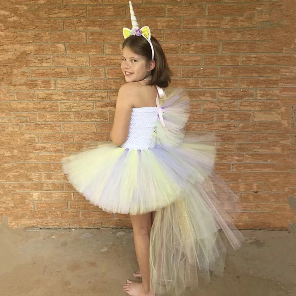 Girls Pastel Unicorn Trailing Tutu Dress Girls Ballet Tutus Tulle Dress with Flower Hairbow Kids Cosplay Party Costume Dresses