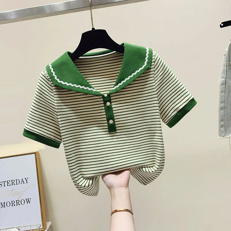 Striped Short Sleeved T-shirt Women\'s Summer 2024 New Slim Contrasting Sweet Doll Neck T-shirt Cotton Korean Short Top