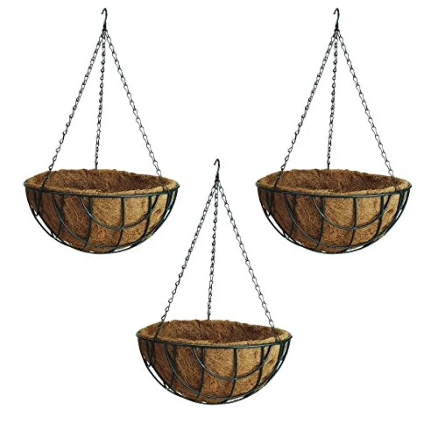 

Hanging Flower Basket with Natural Coconut Liner - Thick Coco Liner Hanging Planter for Less Watering - Extra Strength Chain an