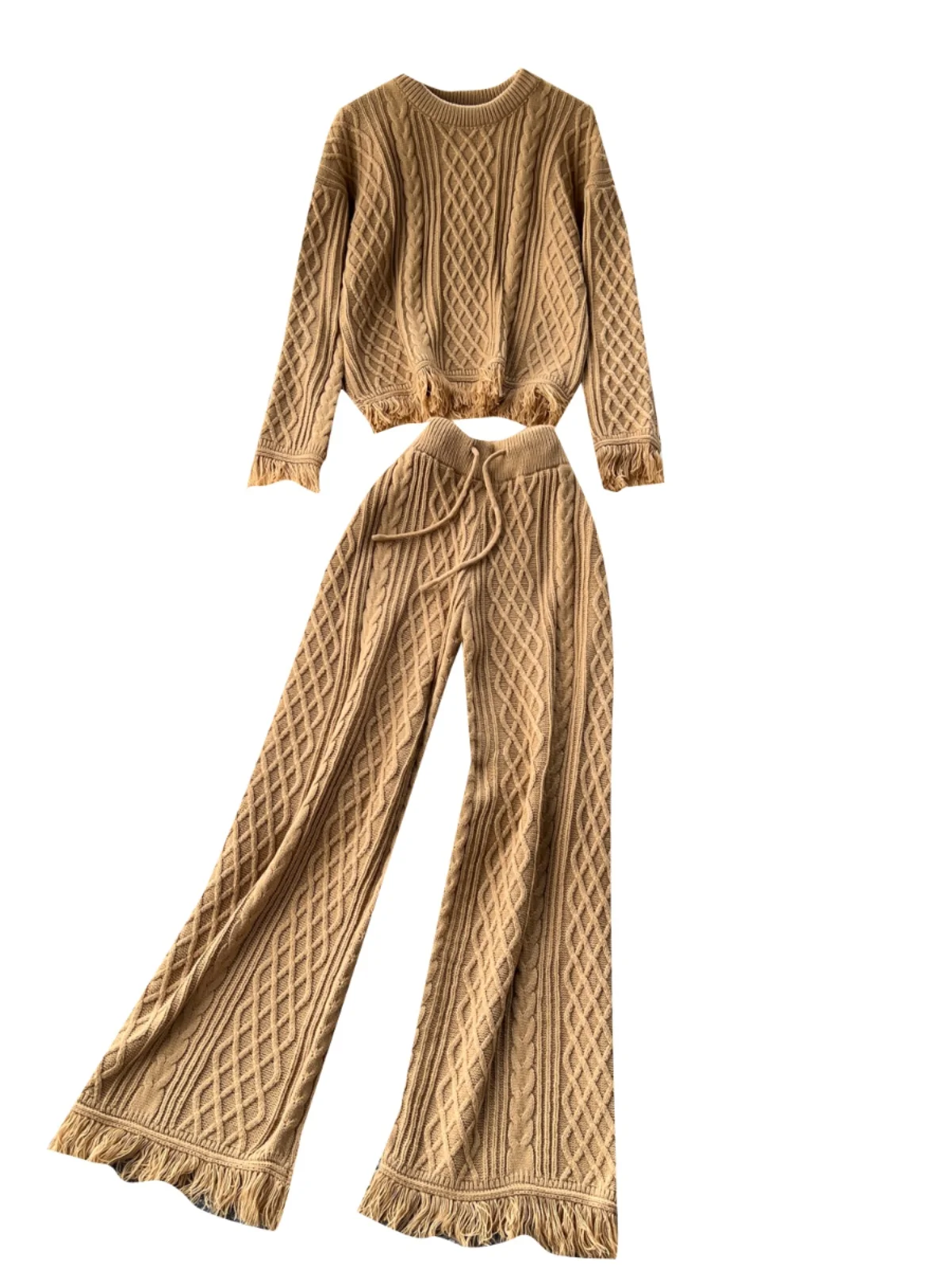 

Retro Tassel Knitted Loose Slimming Sweater High Waist Wide Leg Pants round Ne Set Women Faion Summer 2024