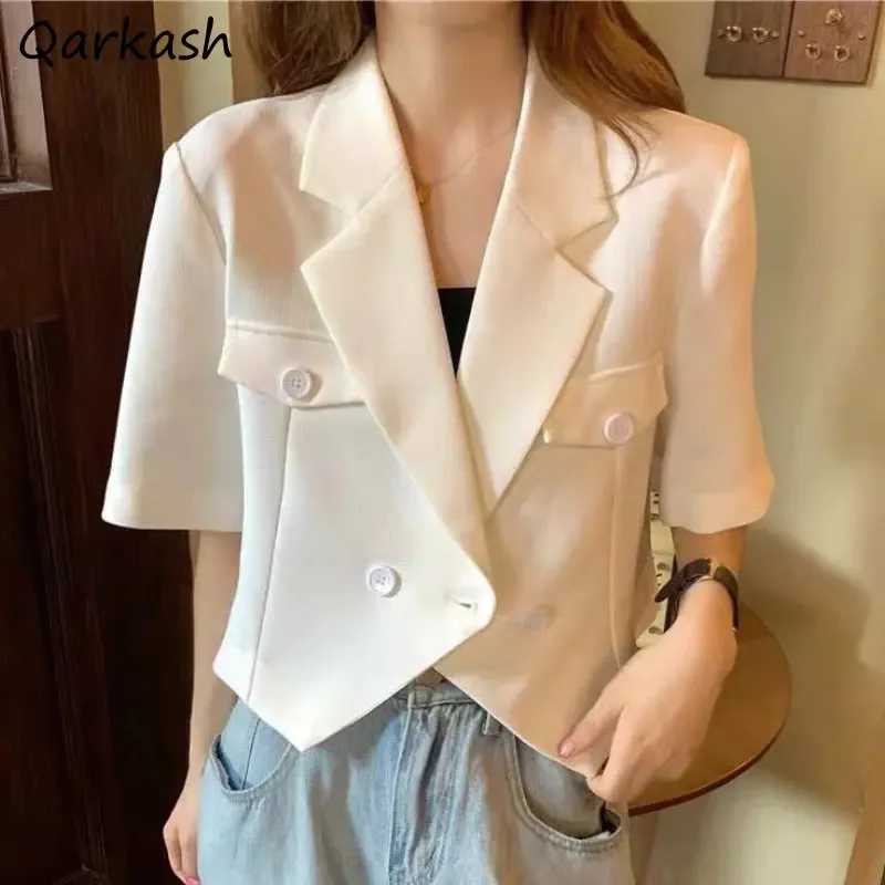 

Short Sleeve Blazers Women Simple Classy Notched Collar Summer Lovely Female Cropped Jacket Chic Office Wear Korean Style Casual