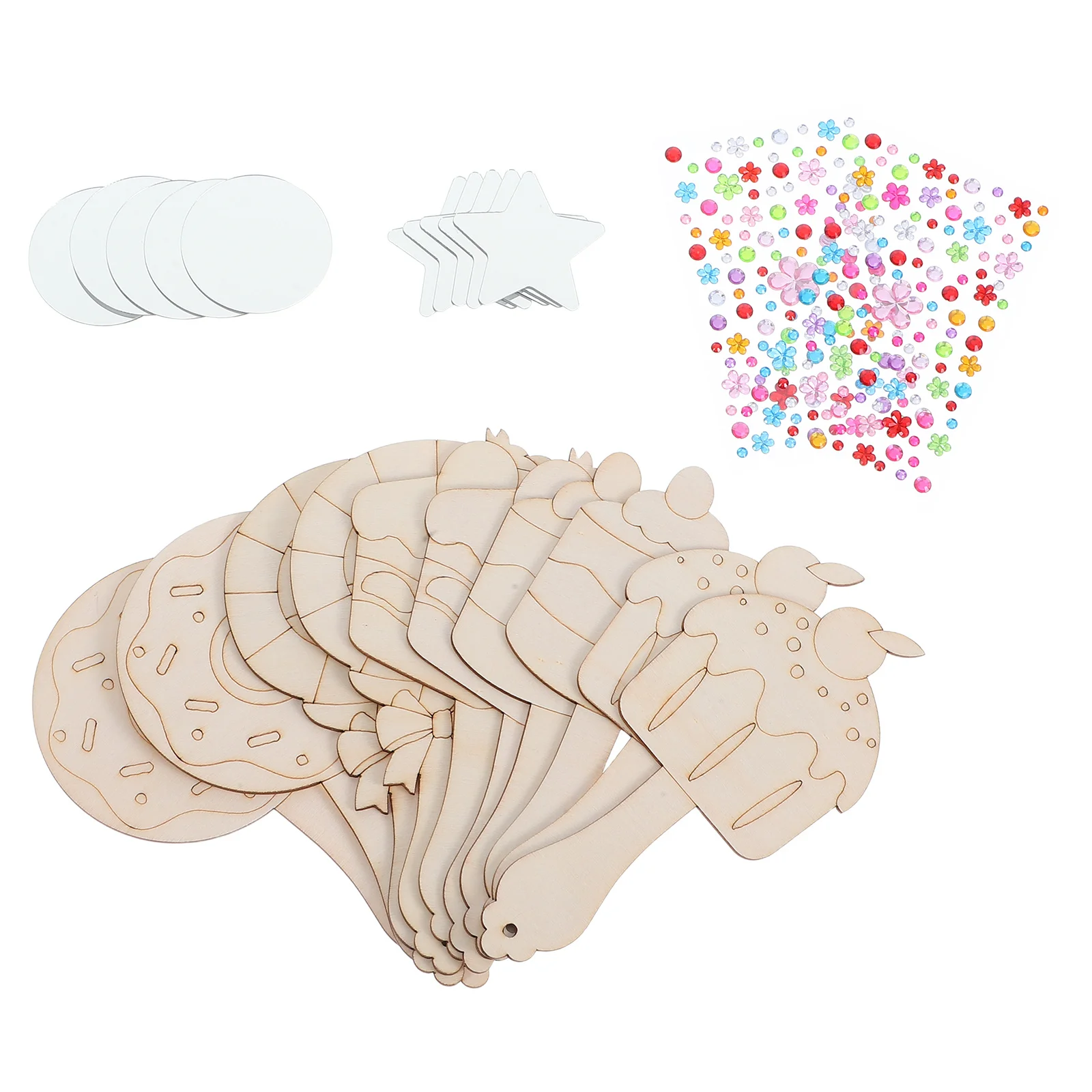 1 conjunto de espelho portátil de madeira, faça você mesmo, crianças, pintar seu próprio formato de bolo, kit de artesanato, lembranças de festa de aniversário, artesanato criativo