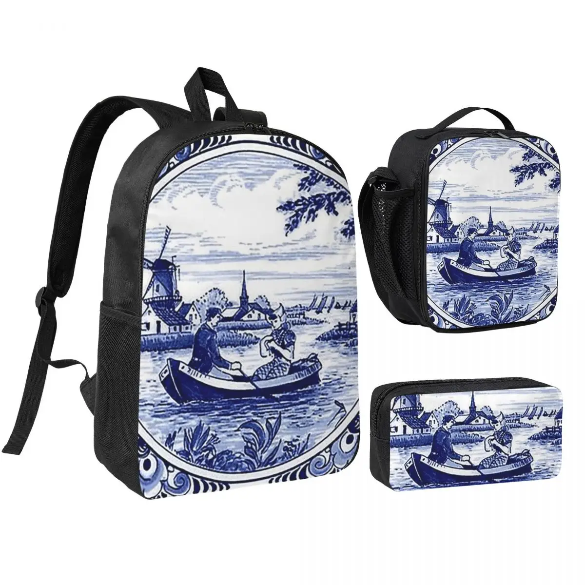 

Dutch Blue Delft Windmill Church And Sailboats Backpack BookBag School Bag Shoulder Bags 3ps Insulated Lunch Bag Pencil Case